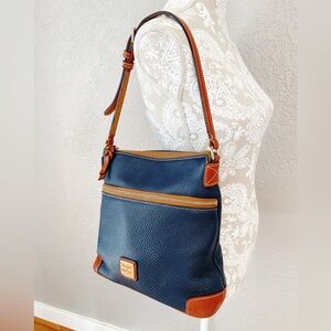 Dooney and Bourke Navy Blue Pebbled Leather Crossbody Double Zip Brown Accents